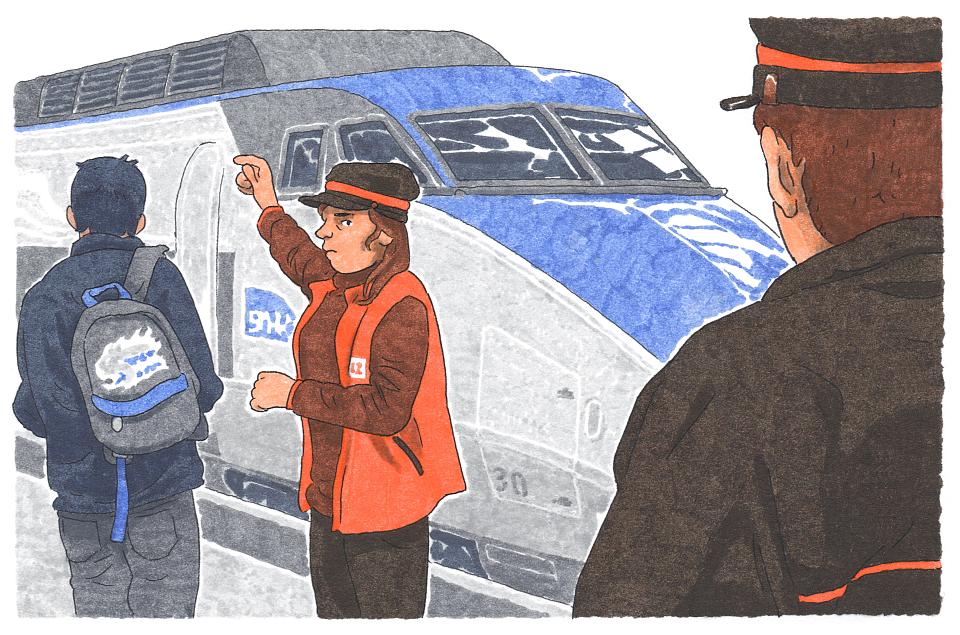 Un dessins montrant une femme cheminote sur un quai de gare devant un train. Elle semble indiquer une direction à un passager quand elle voit qu'un homme cheminot la regarde. 