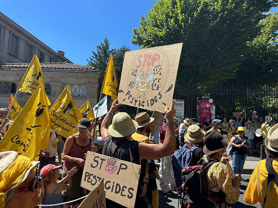 une foule brandit des pancartes "stop pesticides"