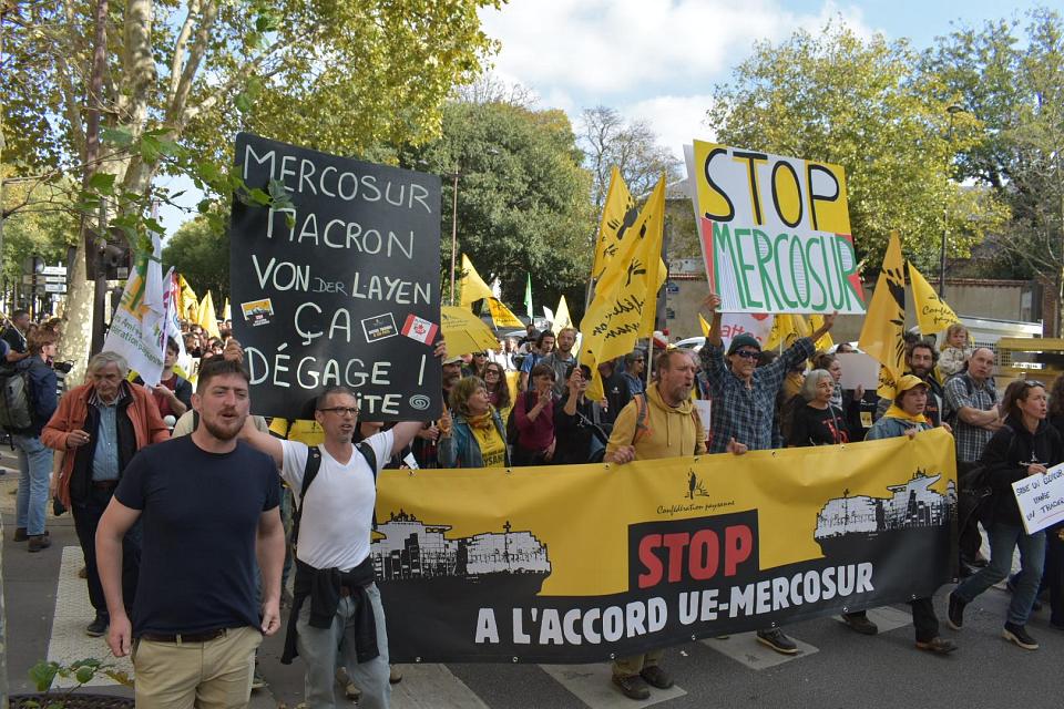 Des centaines de personnes défilent contre le projet d'accord de libre-échange entre l'Union européenne et les pays du Mercosur. 