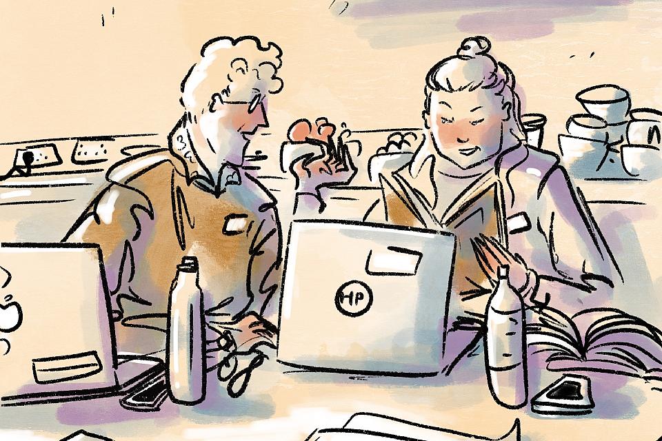 Dessin de deux personnes discutant derrière des ordinateurs portables, entourés de livres et de gourdes
