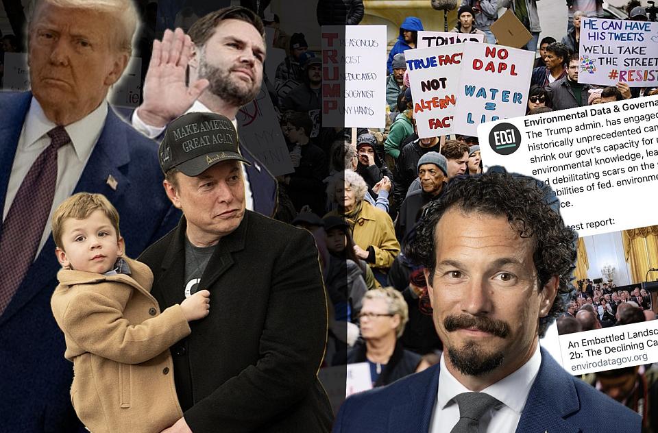 Montage photo avec Donald Trump, JD Vance, Elon Musk, le chef par intérim du FBI et en fond une manifestation