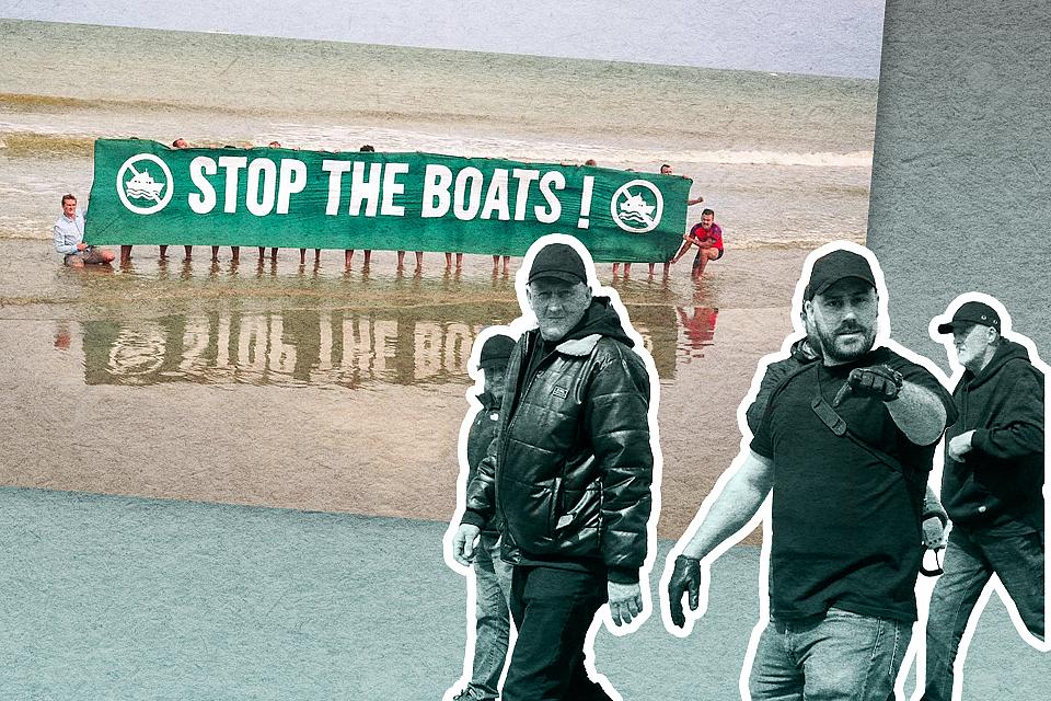 Quatre hommes agressifs devant une image de plage où des personnes tiennent une banderole Stop the boats.