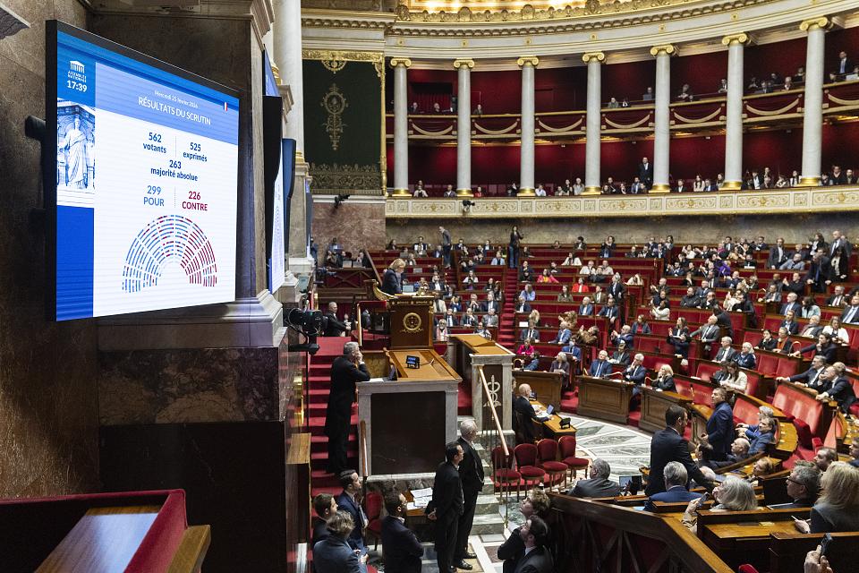 Vue sur un écran détaillant les votes face à l'hémicycle de l'Assemblée nationale. On distingue 299 pour en bleu, 226 contre en rouge.