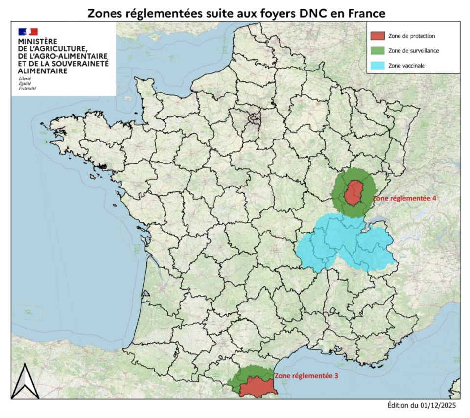 la carte des zones réglementées suite aux foyers DNC en France