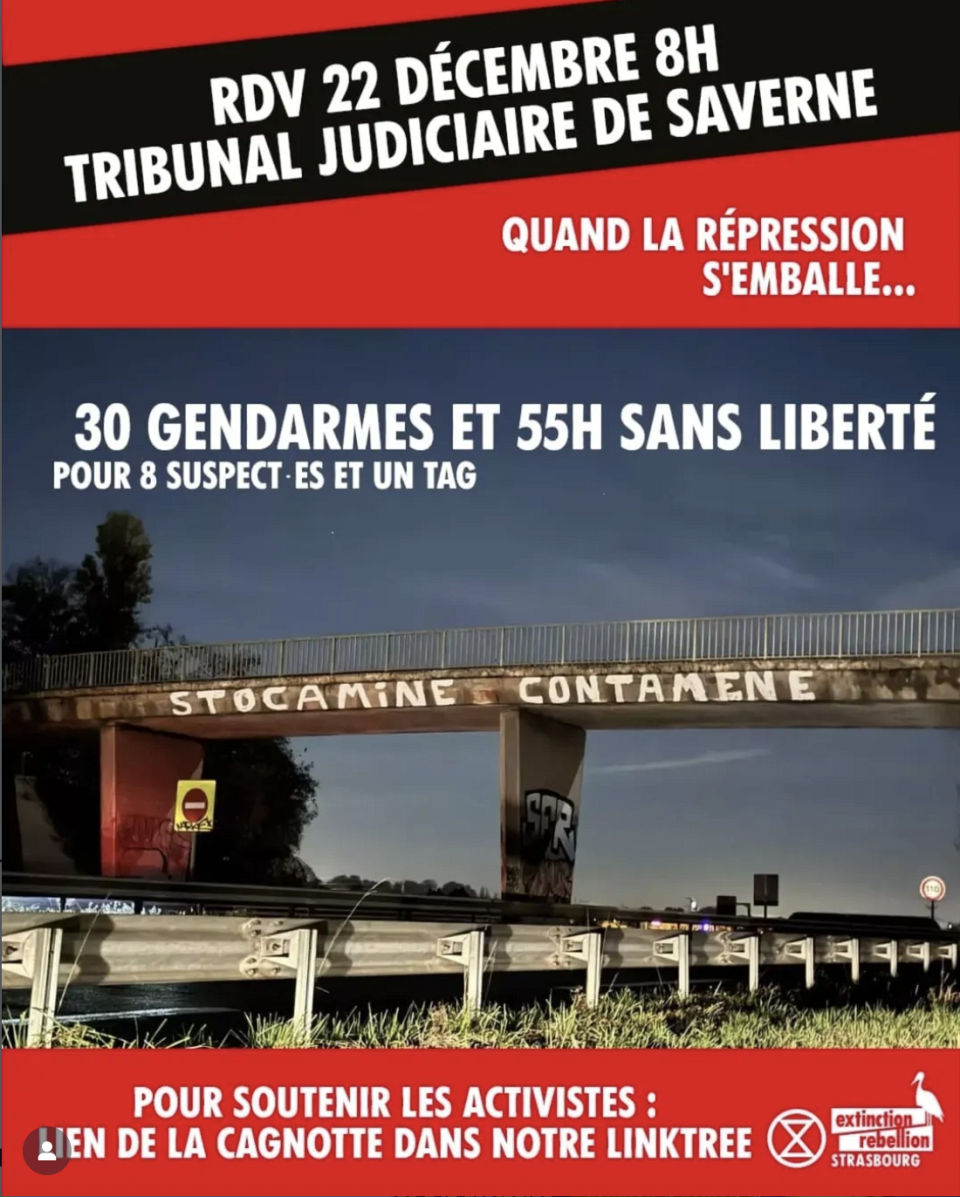 Affiche pour l'appel à rassemblement devant le tribunal de Saverne le 22 décembre 2025.