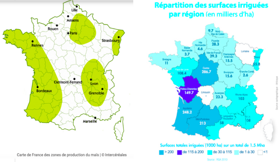 La carte de la production de maïs ci dessus recoupe en partie la carte des surfaces irriguées par région. Le Poitou Charentes, lieu de contestation massif des méga-bassines, figure parmi les territoires les plus irrigués. 