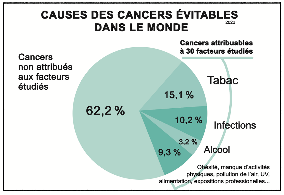 graphique sur les causes des cancers évitables dans le monde (tabac, infections, alcool), et plus de 62 % pour lesquels il n'y a pas de facteurs identifiés