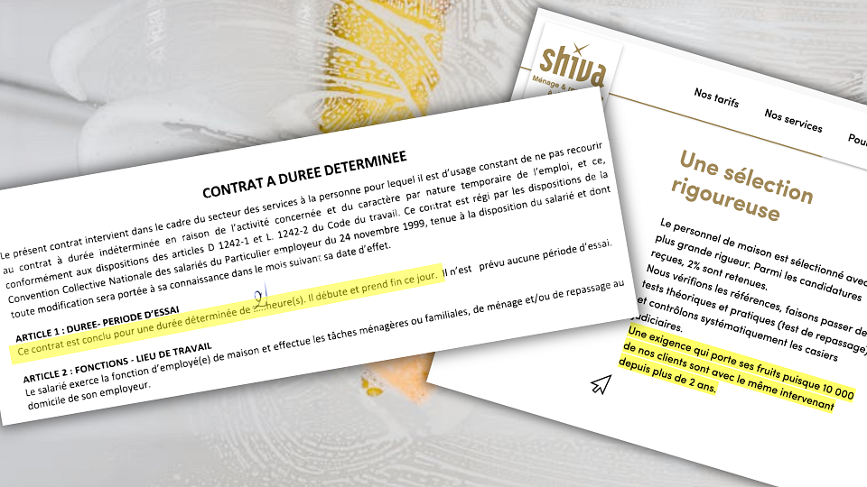 Deux captures d'écran, l'un d'un extrait de contrat, l'autre du site de Shiva