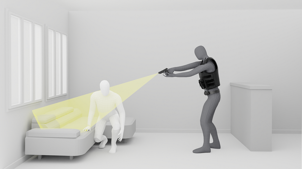 En 3D, visualisation de l'angle de tir du policier vers Bilal, au moment où celui-ci se relève de son canapé.