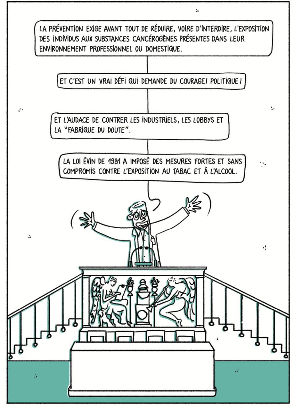 une planche de bande dessinée qui rappelle que la prévention des cancers exige avant tout de réduire voire d'interdire l'exposition des individus aux substances cancérogènes présentes dans leur environnement professionnel ou domestique. mais cela suppose du courage politique. A l'instar de la loi Evin.
