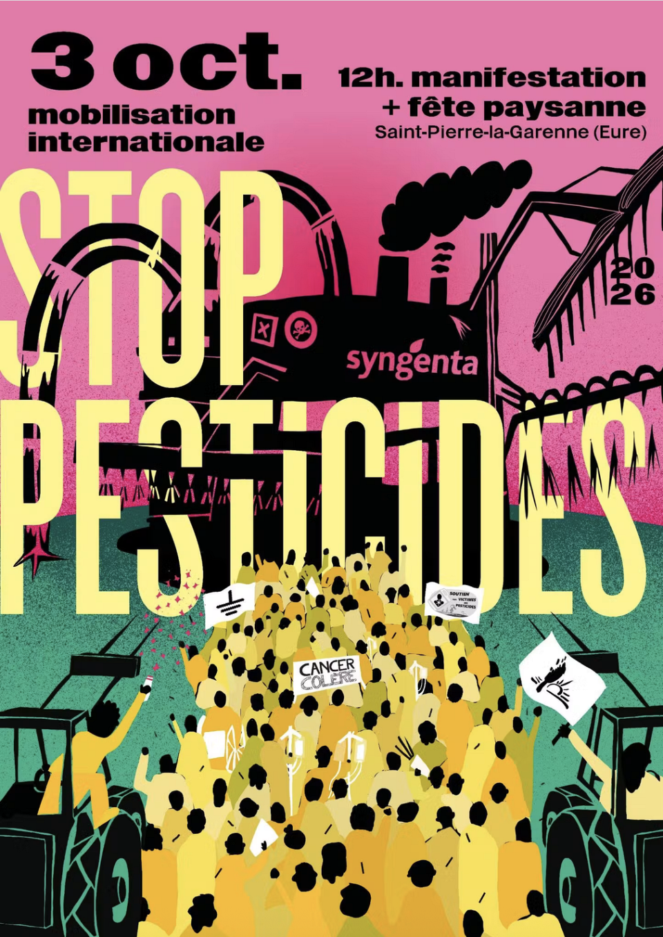 affiche dessinée avec le site Syngenta et des milliers de personnes qui convoient en sa direction aux côtés de tracteurs