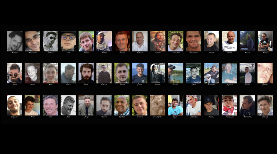 Des dizaines de visages sur un fond noir.