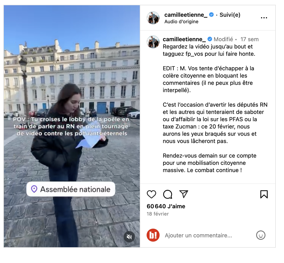 Camille Étienne près de l'Assemblée nationale, lors d'un tournage
