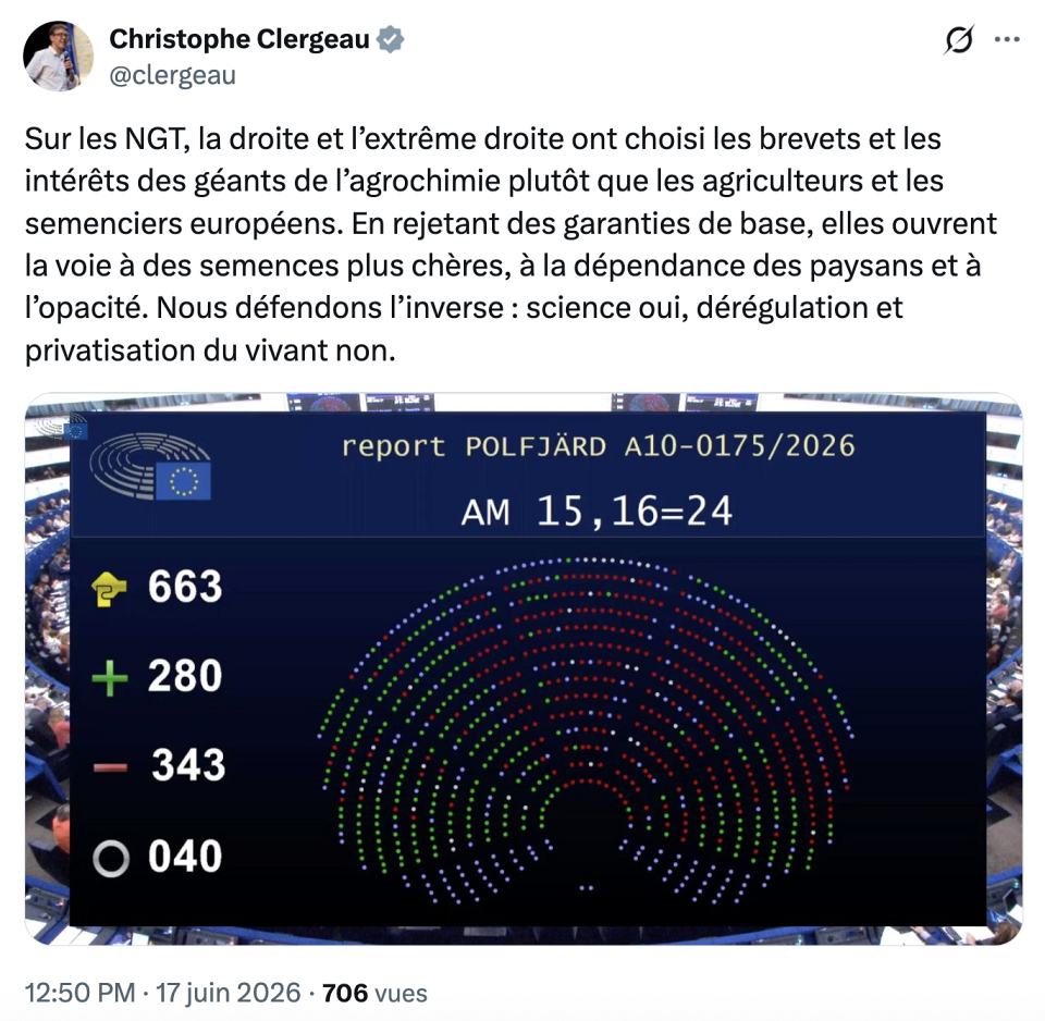 photo des votes du parlement européen sur les NGT
