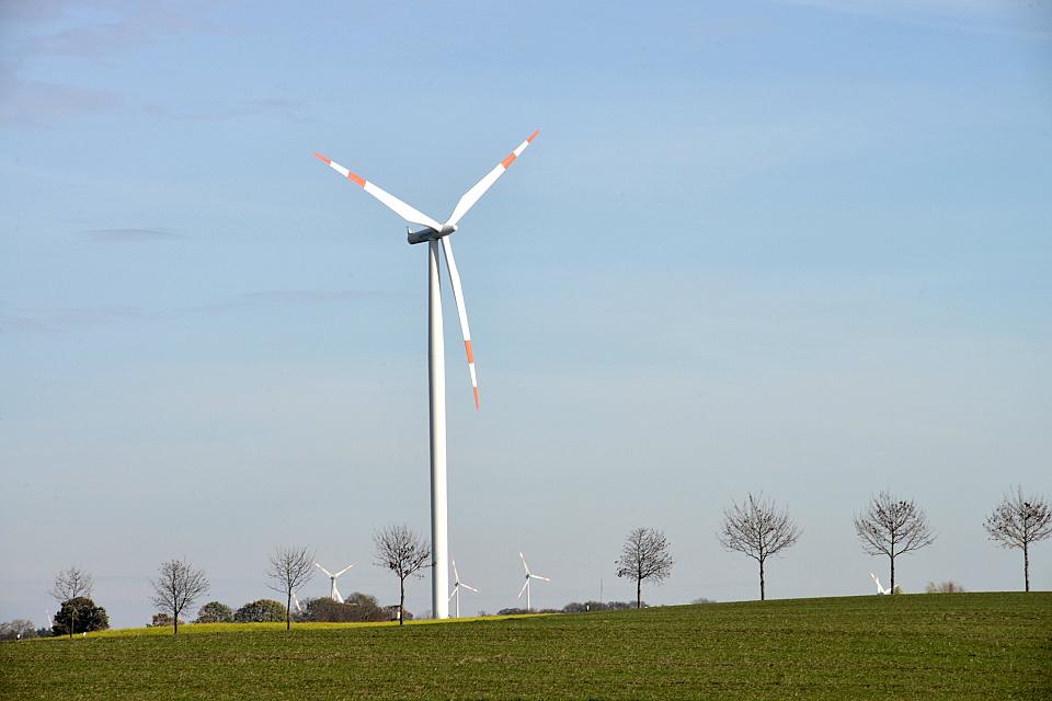 Une éolienne au premier plan et des éoliennes et des arbres au second plan au milieu de champs. 