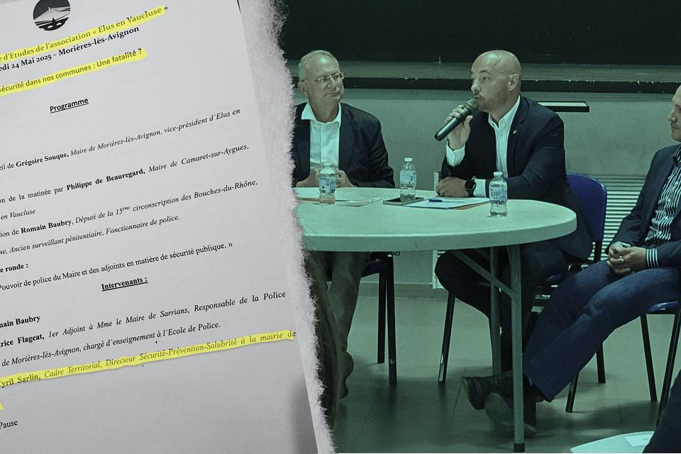 un photomontage d'un homme parlant à une table ronde acec un document dont des extraits sont surlignés.