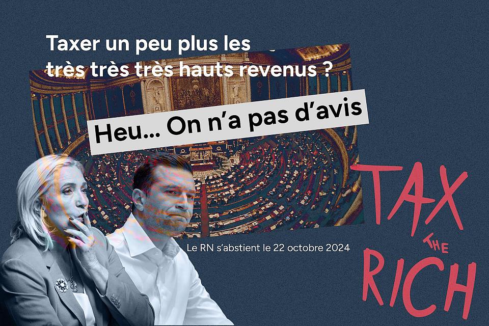 Visuel avec Le Pen et Bardella : "Taxer un peu plus les très très hauts revenus?", "Heu... on n'a pas d'avis"