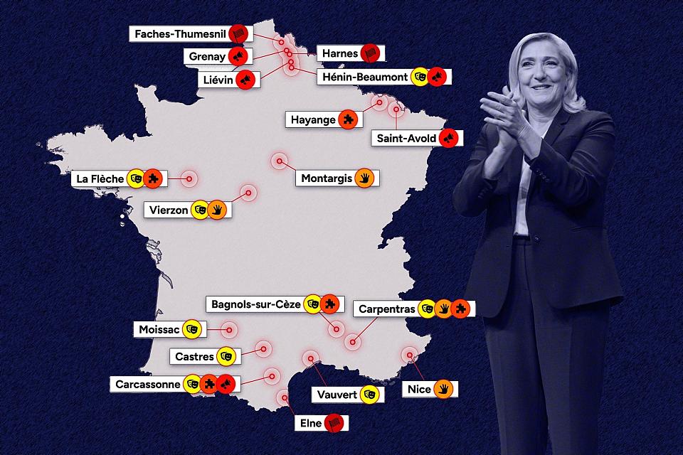 Marine Le Pen à côté de la carte des villes conquises par le RN lors des dernières municipales