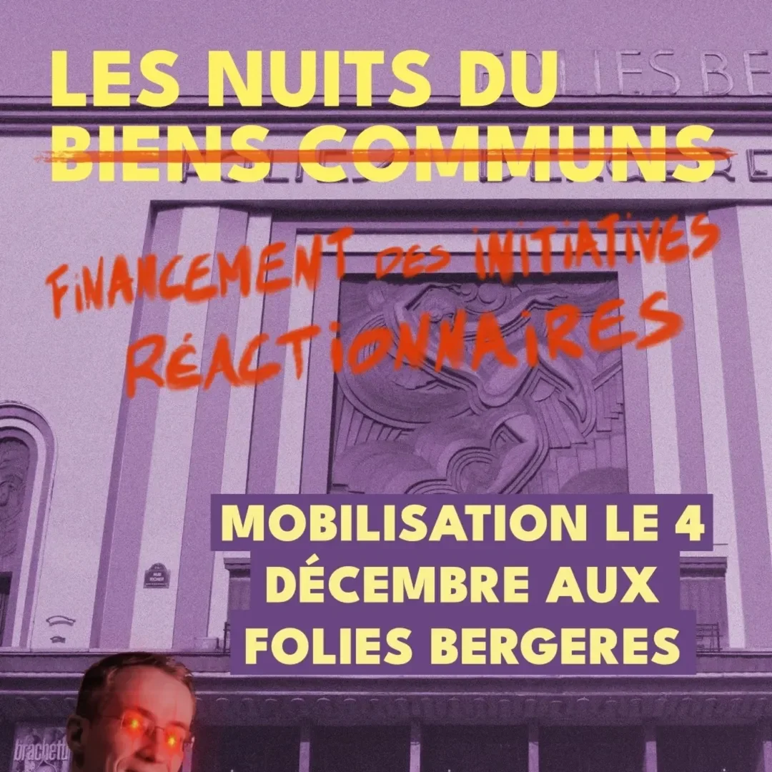 Affiche avec marqué : "Les nuits du financement des initiatives réactionnaires" avec la photo de Stérin.