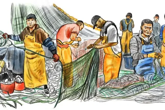 Dessin représentants sept hommes en tablier de pêcheur travaillant sur des filets de pêche.