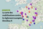 la carte des mobilisations en France contre le règlement européen omnibus X avec des points sur la métropole dans différentes couleurs