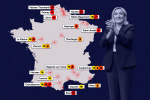 Marine Le Pen à côté de la carte des villes conquises par le RN lors des dernières municipales