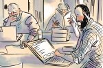 Un dessin de trois personnes devant des ordinateurs ou livres à la main, sur une même table
