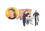 Dessin représentant une intervention de 3 pompiers secouristes avec brancard et camion, et le portrait de Nathalie