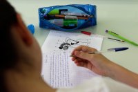 Un ou une élève vue de dos, un crayon à la main. Sur sa table se trouve une copie montrant le schéma de l'appareil reproducteur masculin.