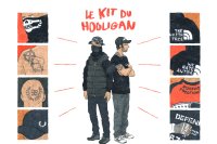Dessin montrant "le kit du hooligan" d'extrême droite : tatouages, codes vestimentaires spécifiques, symboles néofascistes, etc.