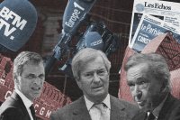 Rodolphe Saadé propriétaire de CMA CGM et de BFMTV, Vincent Bolloré propriétaire de CNews et Europe 1, et Bernard Arnault propriétaire de LVMH, Les échos et Le Parisien