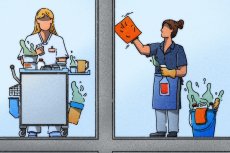 Dessins représentant deux femmes qui travaillent au nettoyage de vitres et de sols. 